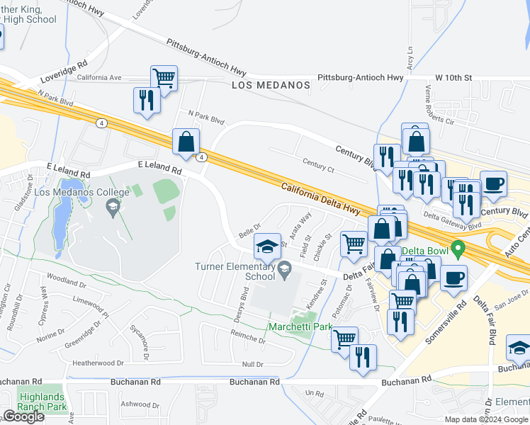 map of restaurants, bars, coffee shops, grocery stores, and more near 4428 Belle Drive in Antioch