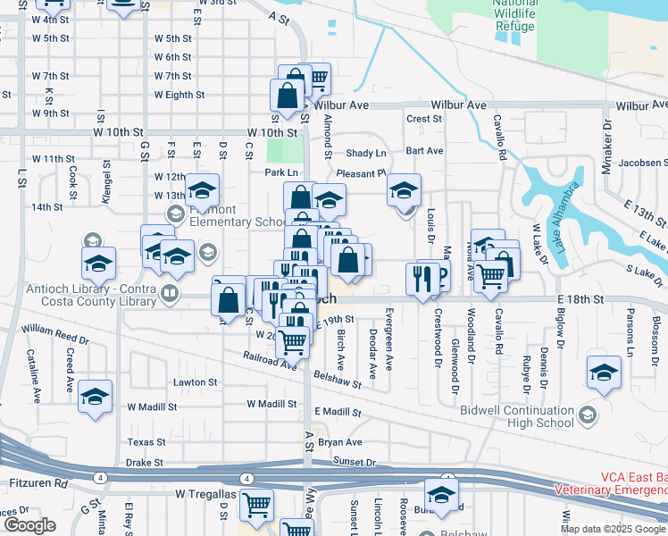 map of restaurants, bars, coffee shops, grocery stores, and more near 20 East 16th Street in Antioch