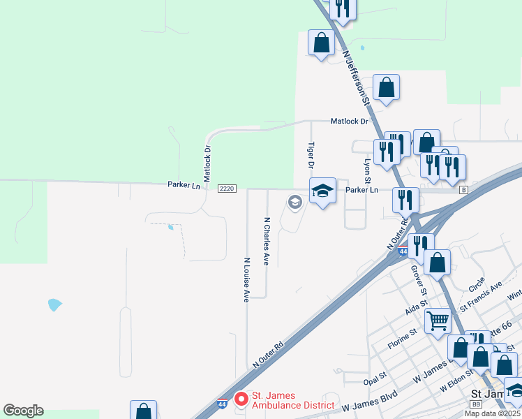map of restaurants, bars, coffee shops, grocery stores, and more near 616 North Louise Avenue in Saint James
