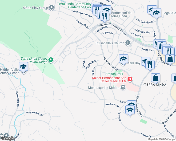 map of restaurants, bars, coffee shops, grocery stores, and more near 1051 Lea Drive in San Rafael