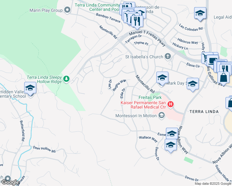 map of restaurants, bars, coffee shops, grocery stores, and more near 1051 Lea Drive in San Rafael