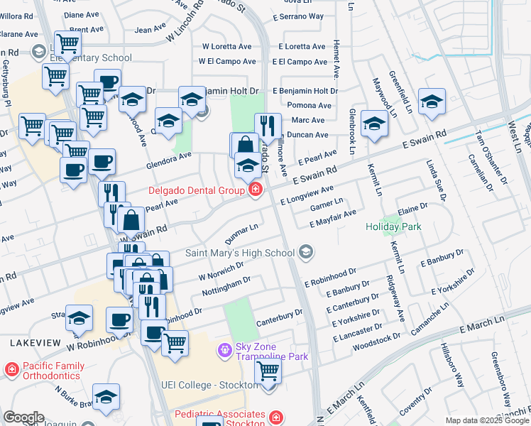 map of restaurants, bars, coffee shops, grocery stores, and more near 15a Dunmar Lane in Stockton