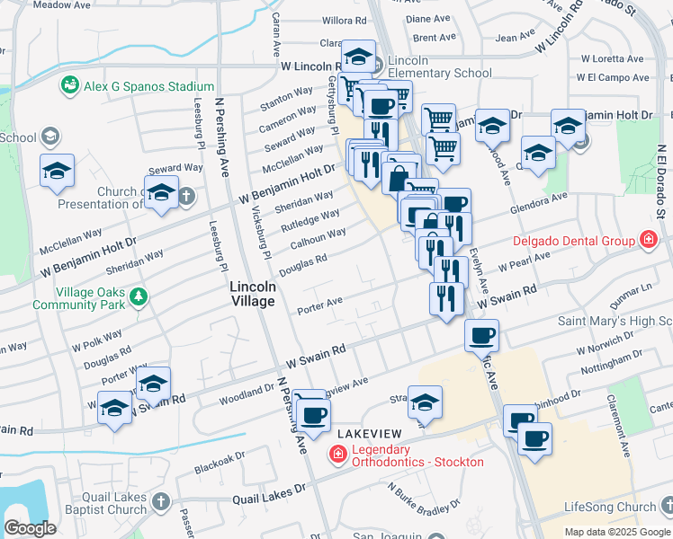 map of restaurants, bars, coffee shops, grocery stores, and more near 6236 Porterfield Court in Stockton