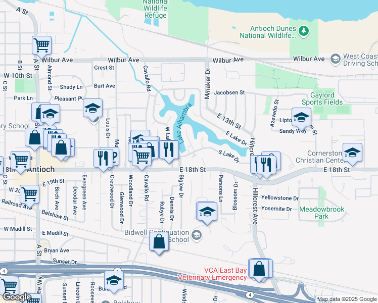 map of restaurants, bars, coffee shops, grocery stores, and more near 1710 Olive Lane in Antioch