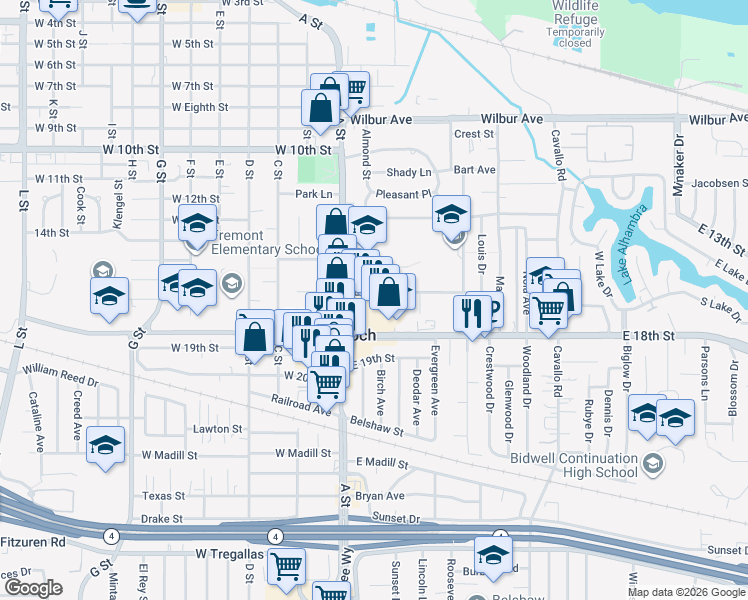 map of restaurants, bars, coffee shops, grocery stores, and more near 1641 A Street in Antioch