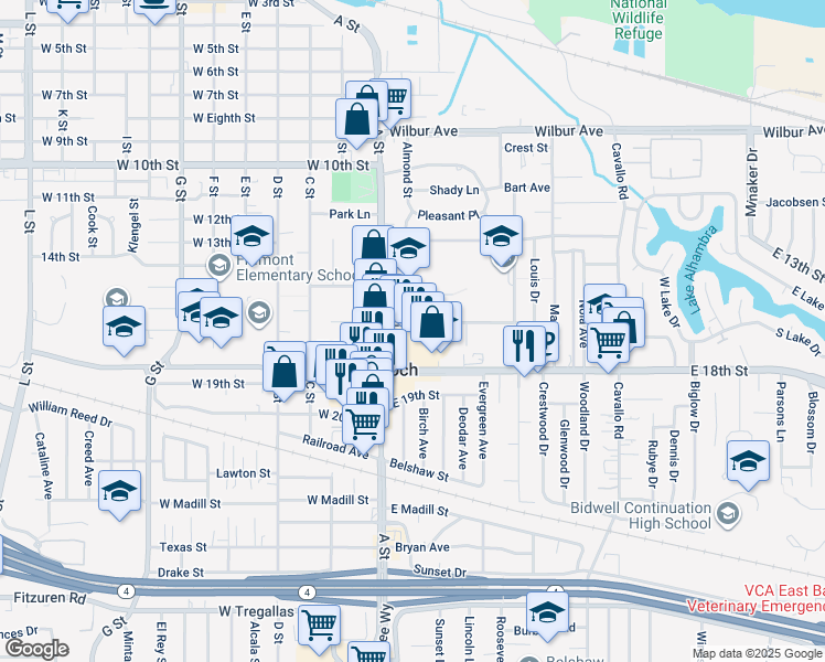 map of restaurants, bars, coffee shops, grocery stores, and more near 1641 A Street in Antioch