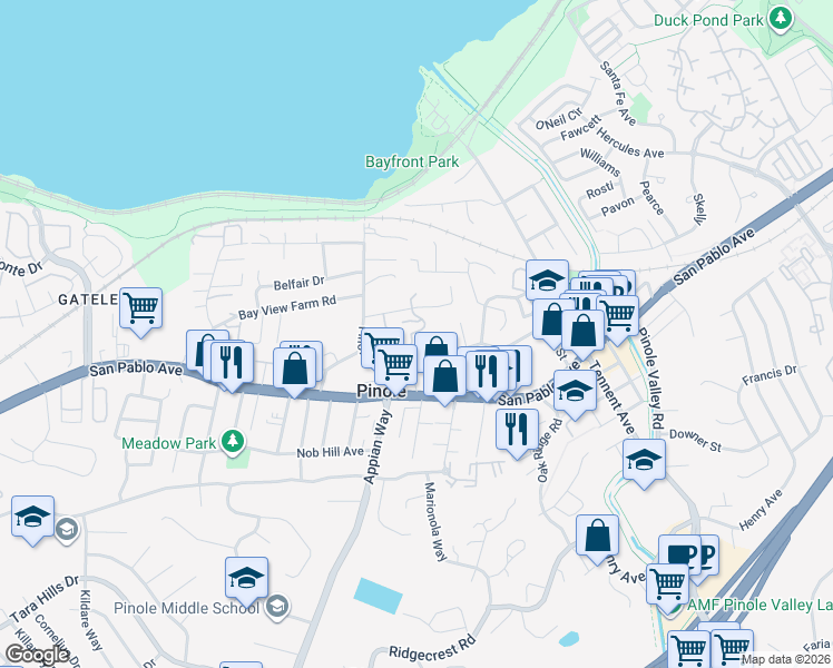 map of restaurants, bars, coffee shops, grocery stores, and more near 617 Maiden Lane East in Pinole