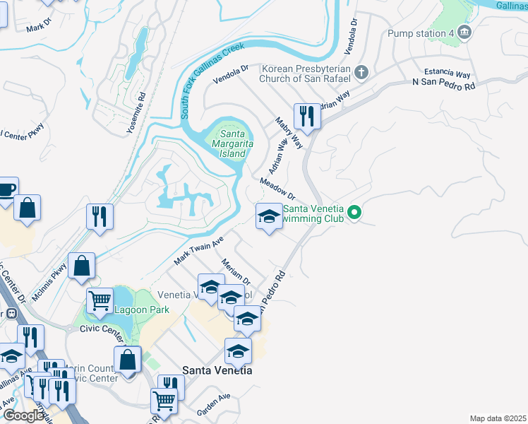 map of restaurants, bars, coffee shops, grocery stores, and more near 36 Steven Way in San Rafael
