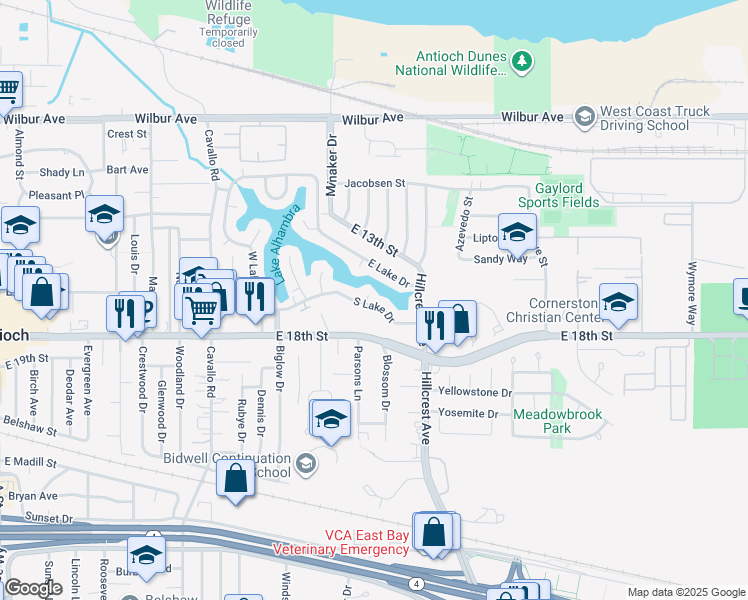 map of restaurants, bars, coffee shops, grocery stores, and more near 75 South Lake Drive in Antioch