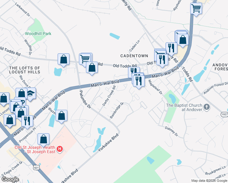 map of restaurants, bars, coffee shops, grocery stores, and more near 413 Darby Creek Road in Lexington