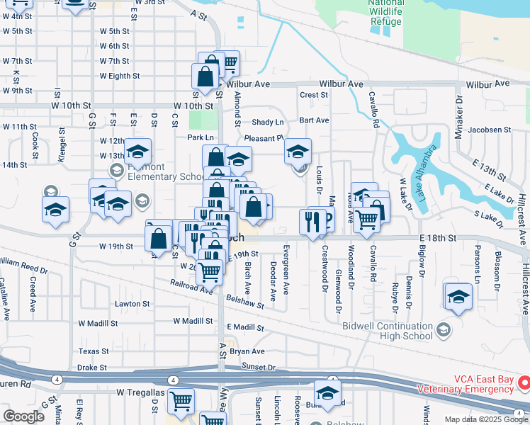 map of restaurants, bars, coffee shops, grocery stores, and more near 54 East 16th Street in Antioch