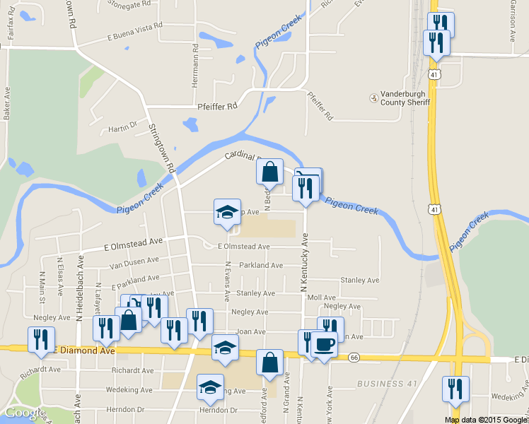map of restaurants, bars, coffee shops, grocery stores, and more near 801-899 Tulip Avenue in Evansville