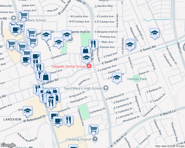 map of restaurants, bars, coffee shops, grocery stores, and more near 15a Dunmar Lane in Stockton