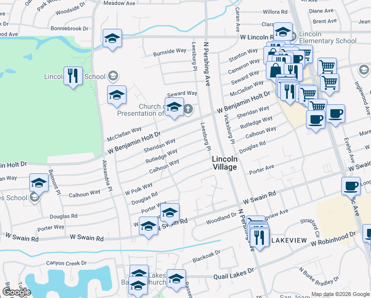 map of restaurants, bars, coffee shops, grocery stores, and more near 1648 Calhoun Way in Stockton