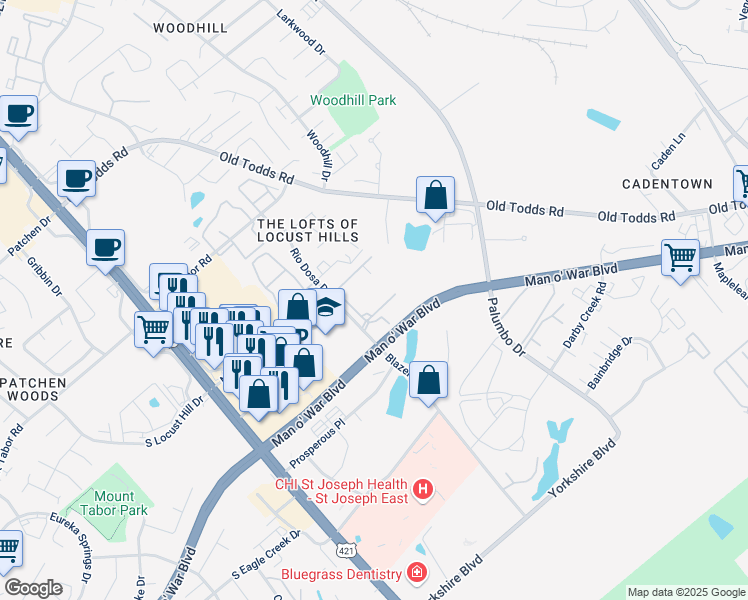 map of restaurants, bars, coffee shops, grocery stores, and more near 3051 Rio Dosa Drive in Lexington