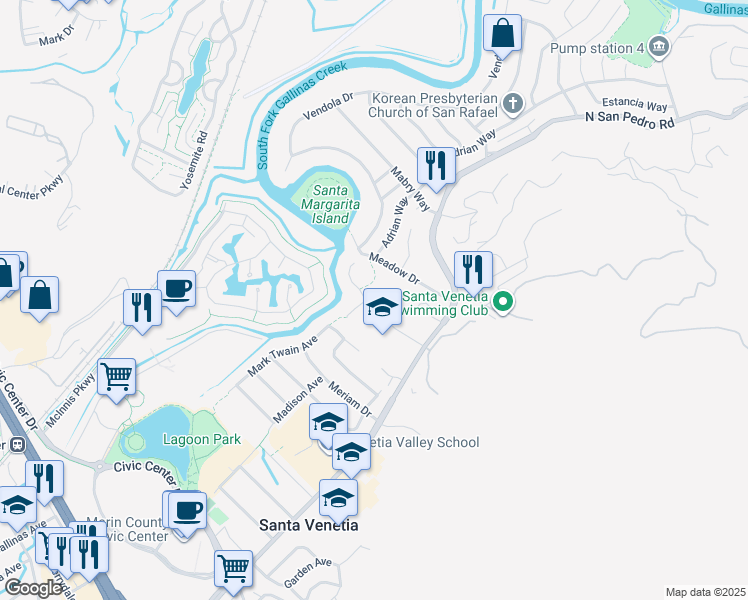 map of restaurants, bars, coffee shops, grocery stores, and more near 36 Steven Way in San Rafael