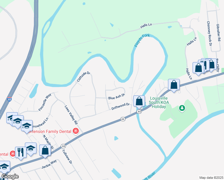 map of restaurants, bars, coffee shops, grocery stores, and more near Blue Ash Drive in Shepherdsville