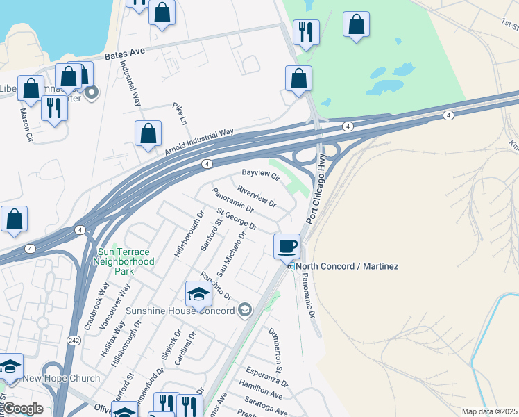 map of restaurants, bars, coffee shops, grocery stores, and more near 2348 Panoramic Drive in Concord