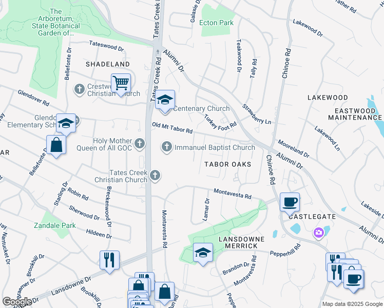 map of restaurants, bars, coffee shops, grocery stores, and more near 260 Old Mount Tabor Road in Lexington