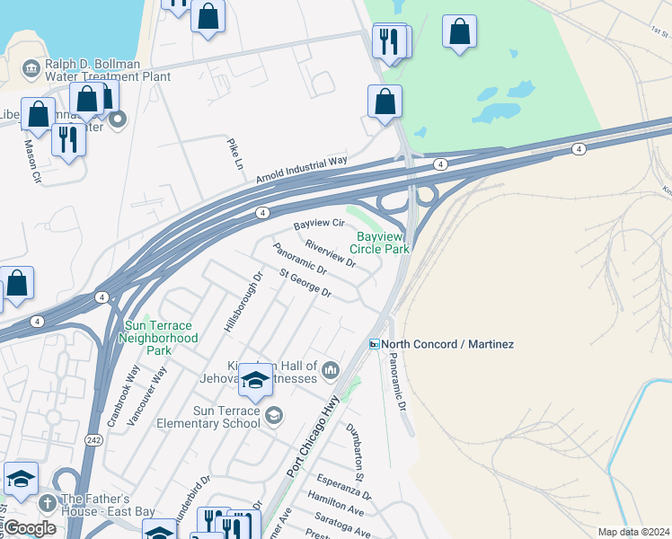 map of restaurants, bars, coffee shops, grocery stores, and more near 2348 Panoramic Drive in Concord