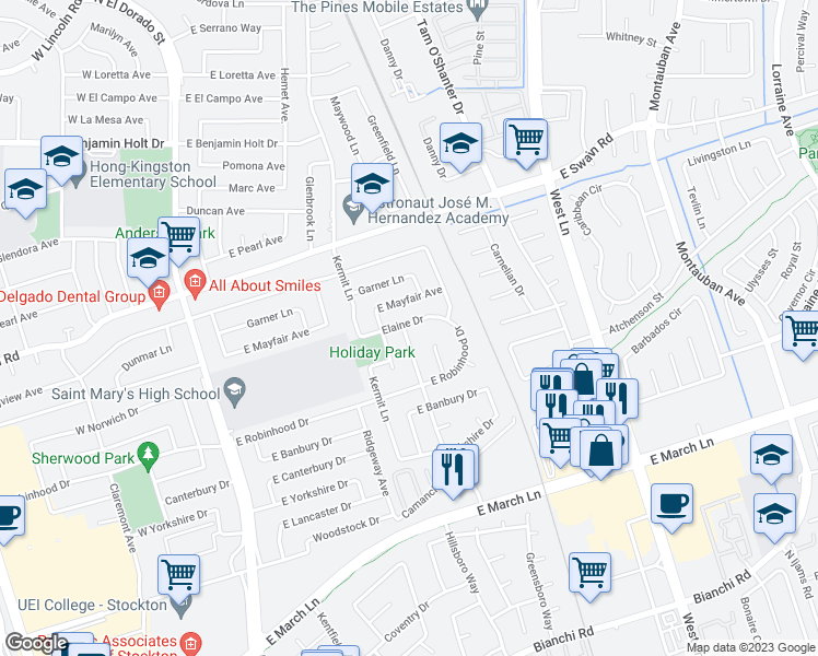 map of restaurants, bars, coffee shops, grocery stores, and more near 5658 Holiday Drive in Stockton