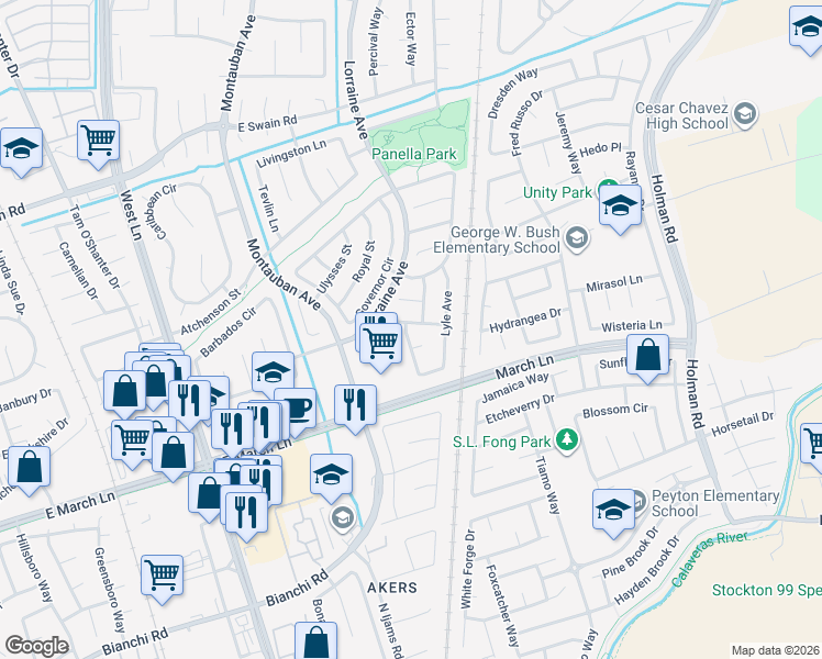 map of restaurants, bars, coffee shops, grocery stores, and more near 2406 Hanna Bay Court in Stockton