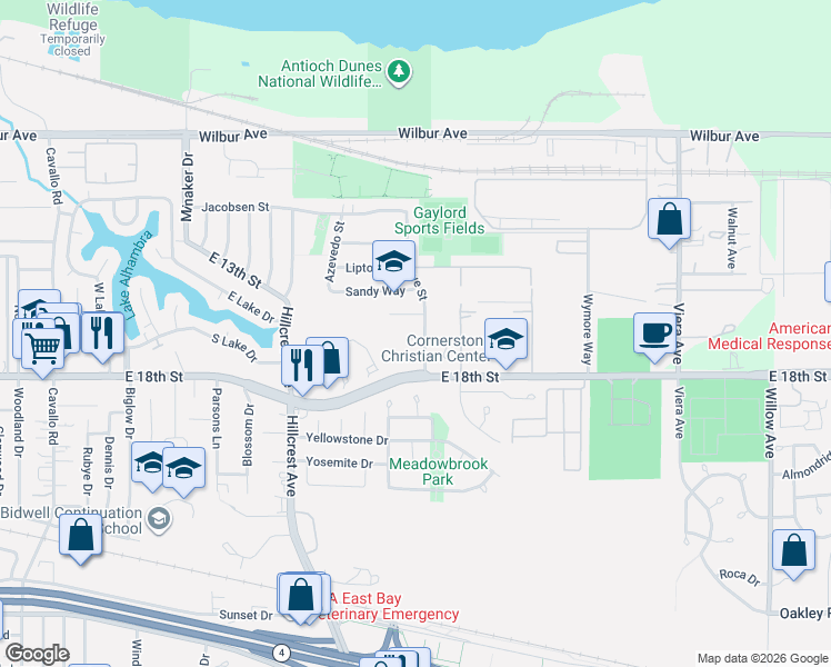 map of restaurants, bars, coffee shops, grocery stores, and more near 1504 Hargrove Court in Antioch