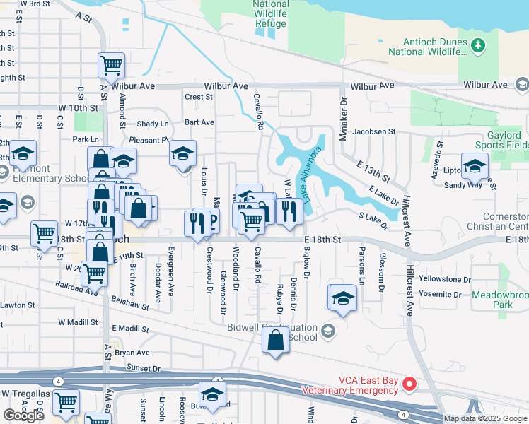 map of restaurants, bars, coffee shops, grocery stores, and more near in Antioch