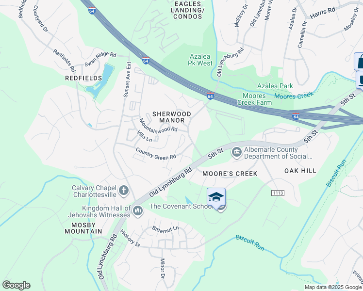 map of restaurants, bars, coffee shops, grocery stores, and more near 625-675 Country Green Rd in Charlottesville