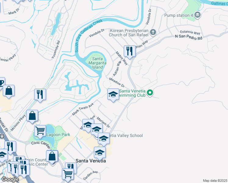 map of restaurants, bars, coffee shops, grocery stores, and more near 67 Chalda Court in San Rafael