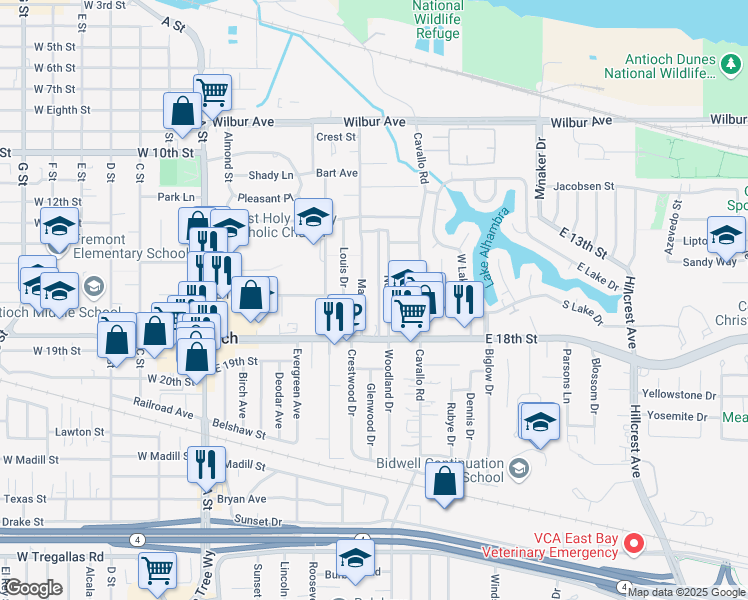 map of restaurants, bars, coffee shops, grocery stores, and more near 1604 Wisner Drive in Antioch