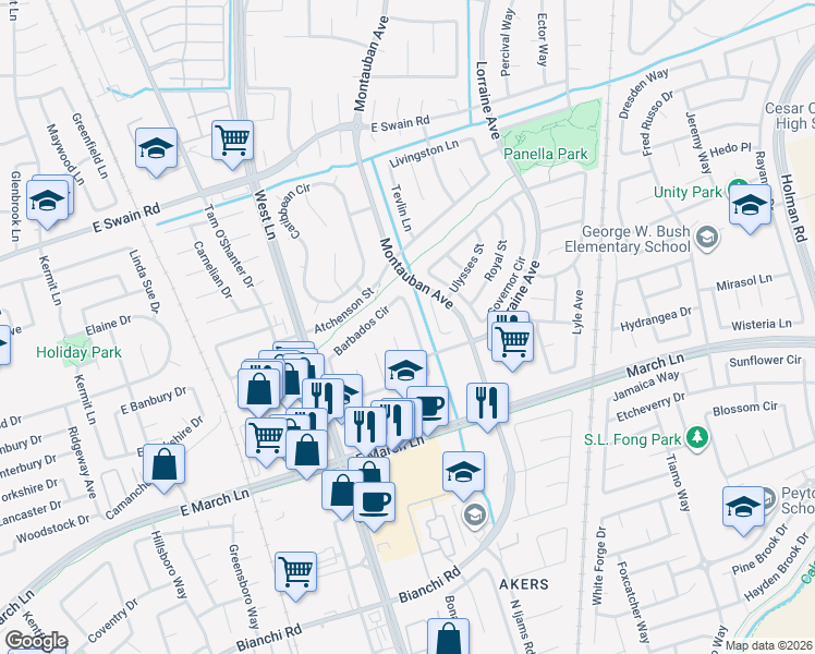 map of restaurants, bars, coffee shops, grocery stores, and more near 5215 Barbados Court in Stockton