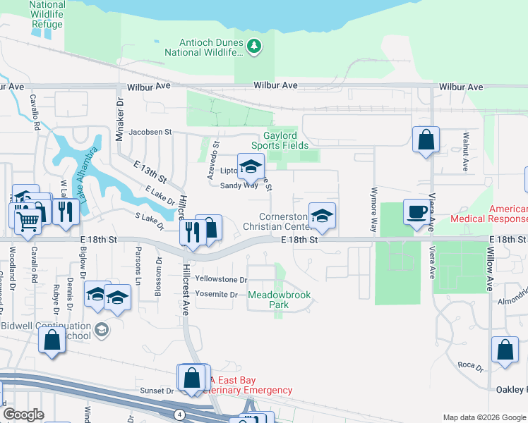 map of restaurants, bars, coffee shops, grocery stores, and more near 1504 Hargrove Court in Antioch