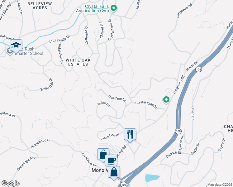 map of restaurants, bars, coffee shops, grocery stores, and more near 17029 Oak Tree Lane in Sonora