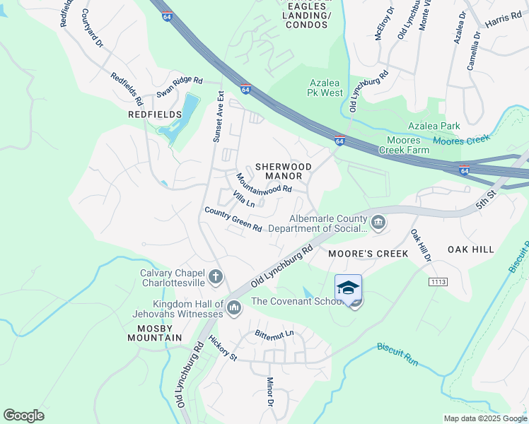 map of restaurants, bars, coffee shops, grocery stores, and more near 1217 Villa Lane in Charlottesville