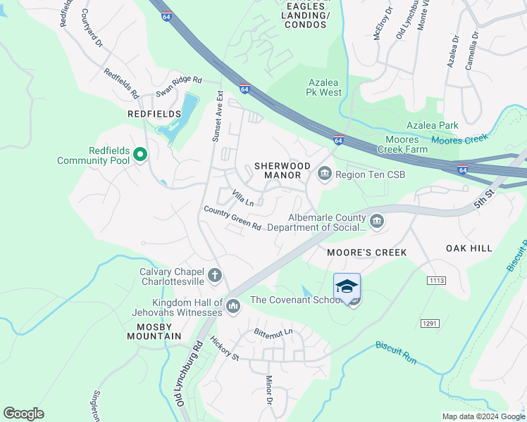 map of restaurants, bars, coffee shops, grocery stores, and more near 1217 Villa Lane in Charlottesville
