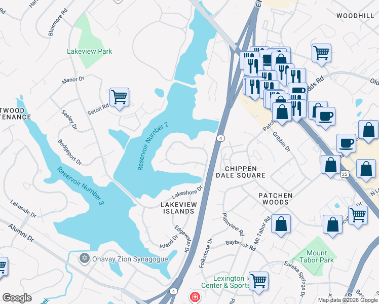map of restaurants, bars, coffee shops, grocery stores, and more near 747 Lakeshore Drive in Lexington