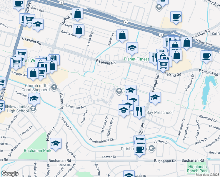 map of restaurants, bars, coffee shops, grocery stores, and more near 61 Pali Way in Pittsburg