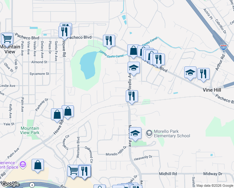 map of restaurants, bars, coffee shops, grocery stores, and more near 9 Morello Heights Drive in Martinez