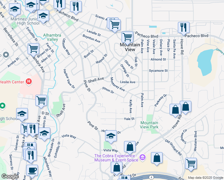 map of restaurants, bars, coffee shops, grocery stores, and more near 927 Pinon Drive in Martinez
