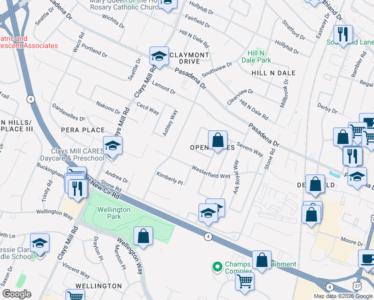 map of restaurants, bars, coffee shops, grocery stores, and more near 601 Severn Way in Lexington