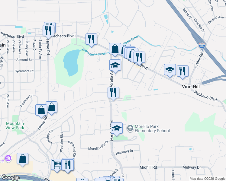 map of restaurants, bars, coffee shops, grocery stores, and more near 104 Silva Court in Martinez