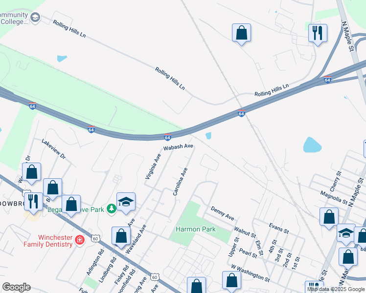 map of restaurants, bars, coffee shops, grocery stores, and more near 198 Wabash Avenue in Winchester