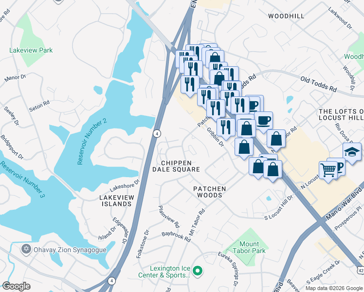 map of restaurants, bars, coffee shops, grocery stores, and more near 200 Patchen Drive in Lexington