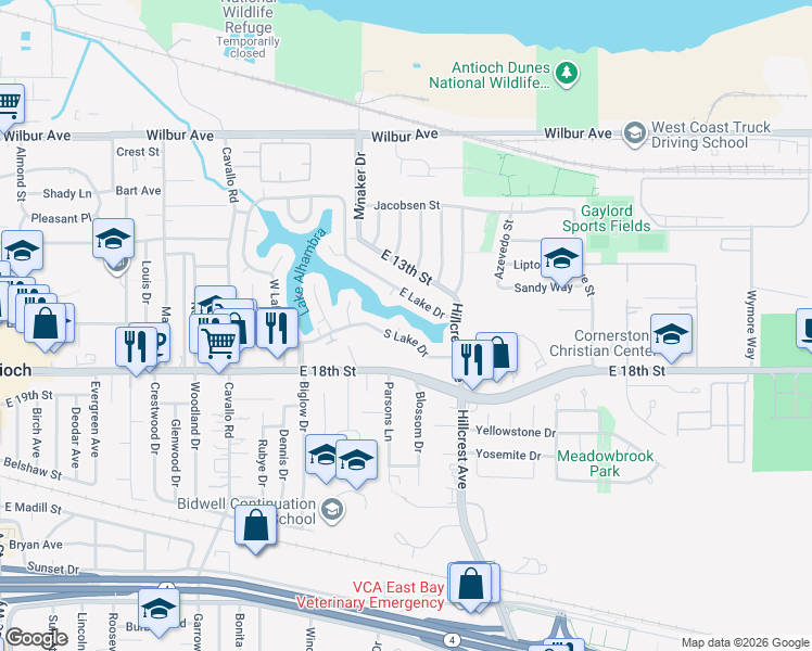 map of restaurants, bars, coffee shops, grocery stores, and more near 104 East Lake Drive in Antioch
