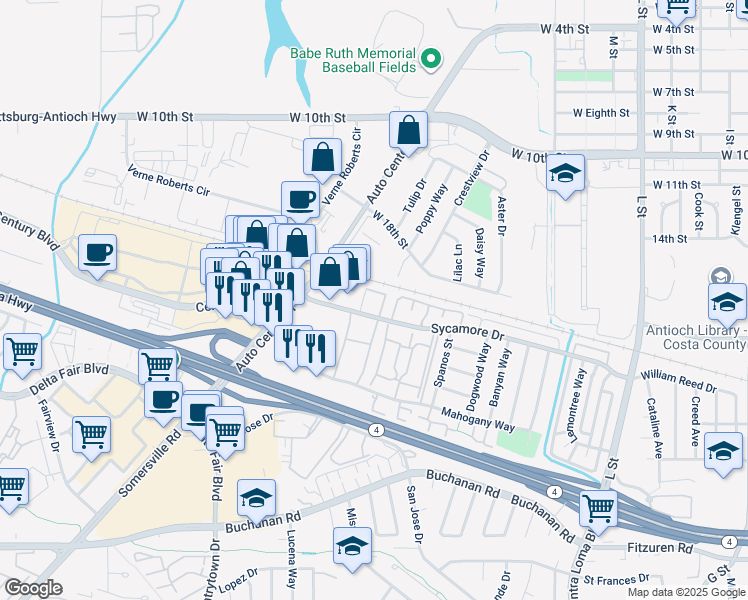 map of restaurants, bars, coffee shops, grocery stores, and more near 1831 Auto Center Drive in Antioch