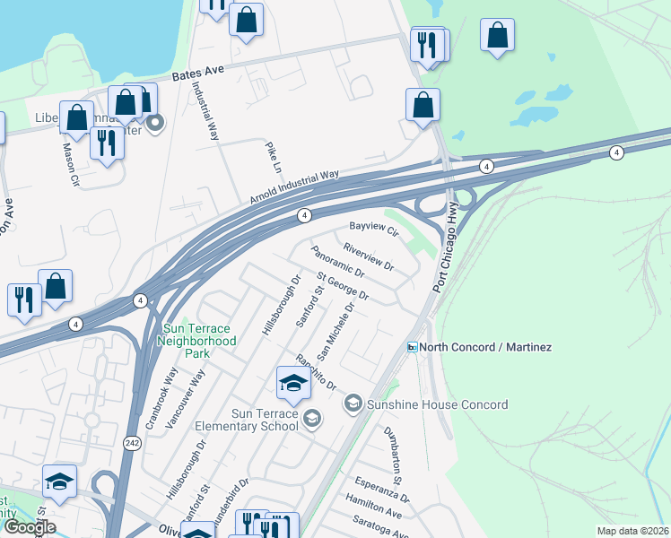 map of restaurants, bars, coffee shops, grocery stores, and more near 2301 Riverview Drive in Concord