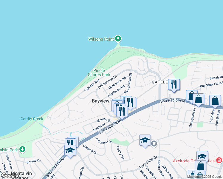 map of restaurants, bars, coffee shops, grocery stores, and more near 2260 Del Monte Drive in San Pablo