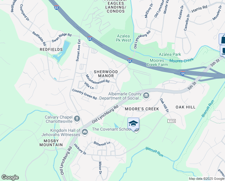 map of restaurants, bars, coffee shops, grocery stores, and more near County Road 1112 in Charlottesville