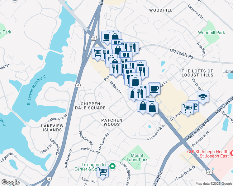 map of restaurants, bars, coffee shops, grocery stores, and more near 2800 Richmond Road in Lexington